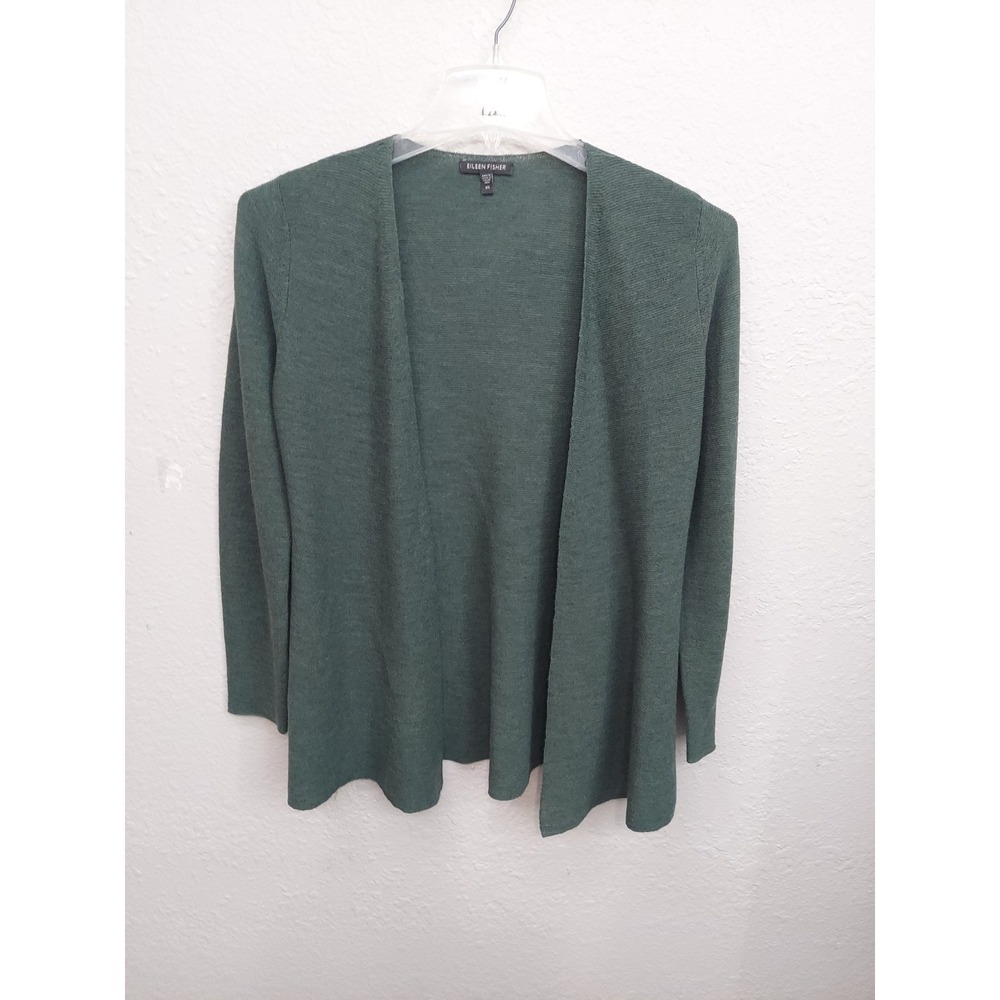 Eileen Fisher Cardigan‎ Sweater Womens XS Green Open Front  Stretch Long Sleeve